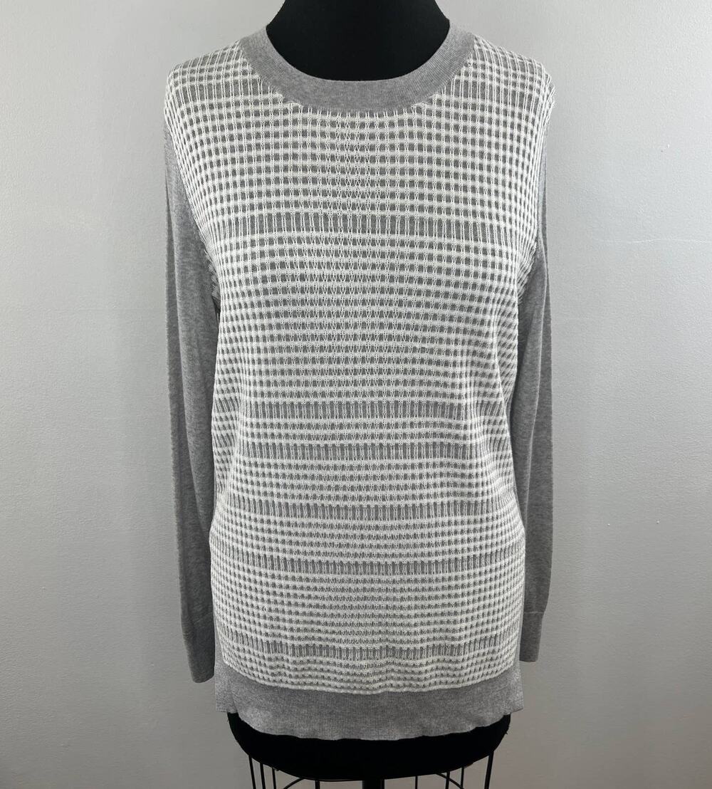 10 Crosby Derek Lam Gray White Micro Check Wool Cotton Blend Pullover Sweater M